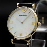 Emporio Armani Gianni T-Bar Quartz Mother of Pearl Dial Black Leather Strap Watch For Women - AR1910
