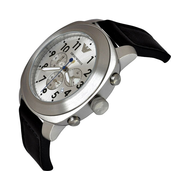 Emporio Armani Sportivo Chronograph Silver Dial Black Leather Strap Watch For Men - AR6054