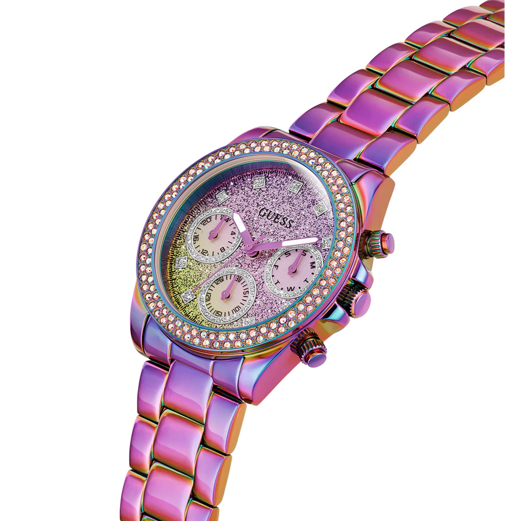 Guess Confetti Chronograph Crystals Multicolor Dial Purple Steel Strap Watch For Women - GW0483L5