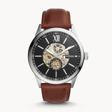 Fossil Flynn Automatic Black Dial Brown Leather Strap Watch for Men - BQ2270