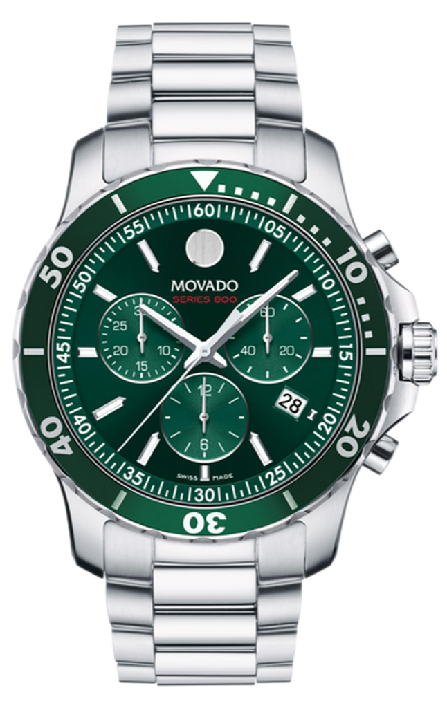 Movado Series 800 Chronograph Green Dial Silver Steel Strap Watch for Men - 2600179