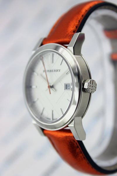Burberry The City Silver Dial Orange Leather Strap Watch for Women - BU9121