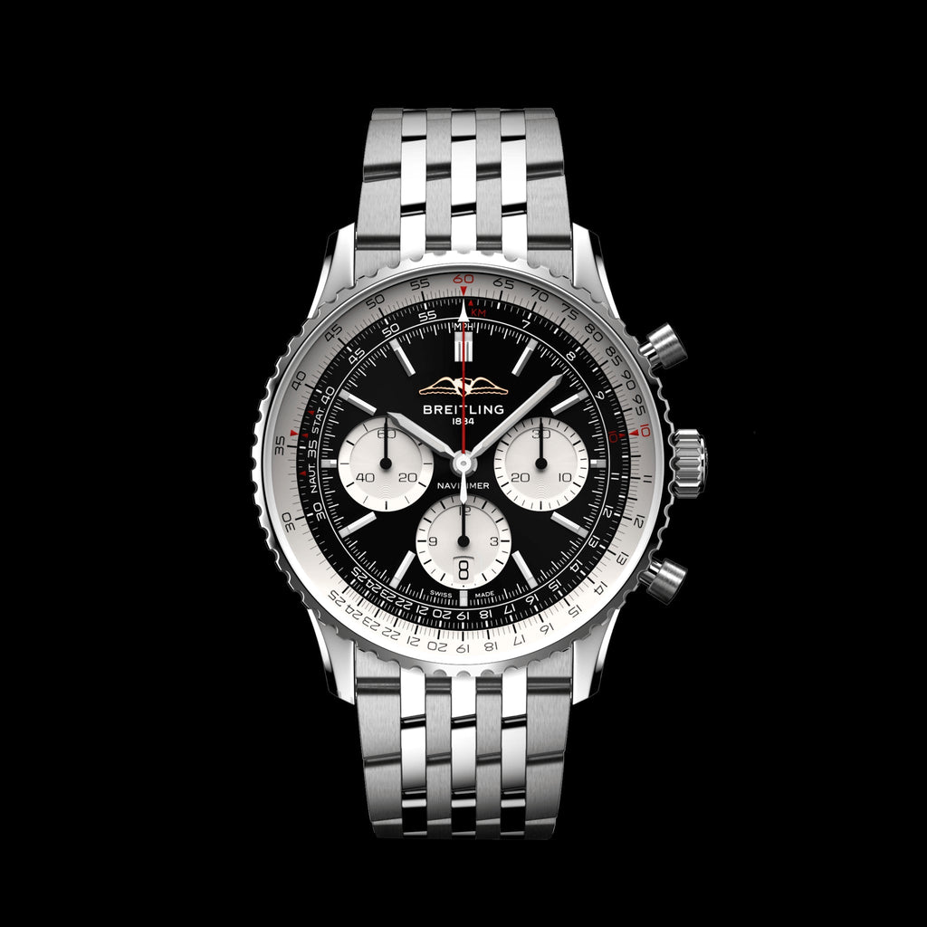 Breitling Navitimer B01 Chronograph 43 Black Dial Silver Steel Strap Watch for Men - AB0138211B1A1