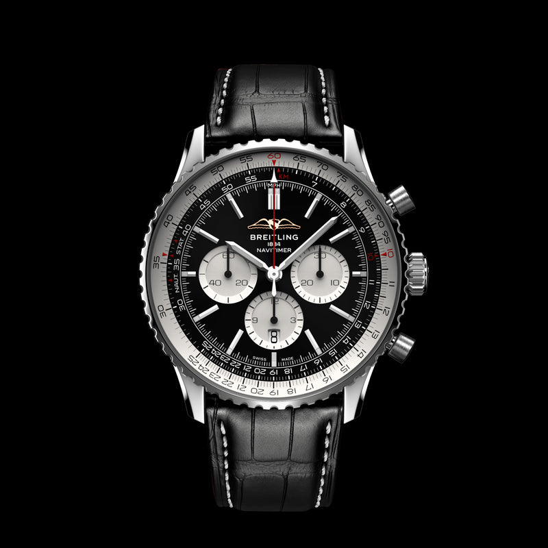 Breitling Navitimer B01 Chronograph 46 Black Dial Black Leather Strap Watch for Men - AB0137211B1P1