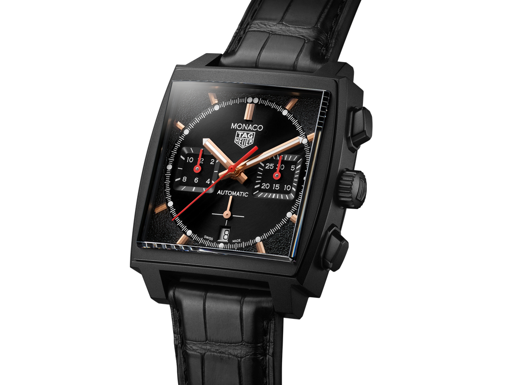 Tag Heuer Monaco Automatic Chronograph Black Dial Black Leather Strap Watch for Men - CBL2180.FC6497