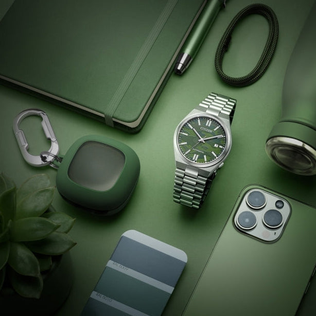 Citizen Tsuyosa Automatic Camouflage Green Dial Silver Steel Strap Watch For Men - NJ0159-86X