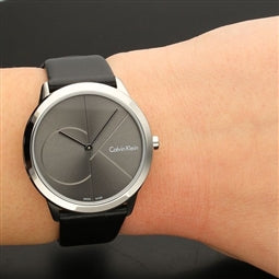 Calvin Klein Minimal Grey Dial Black Leather Strap Watch for Men - K3M221C3