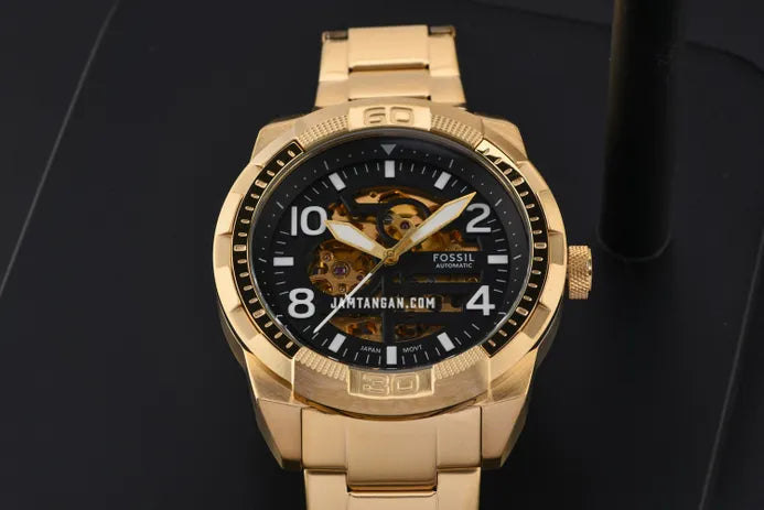 Fossil Bronson Automatic Skeleton Black Dial Gold Steel Strap Watch for Men - ME3257