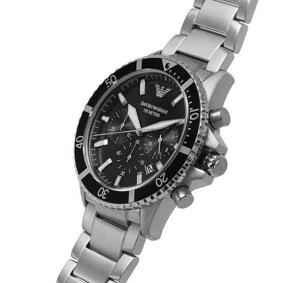 Emporio Armani Diver Chronograph Quartz Black Dial Silver Steel Strap Watch For Men - AR11360