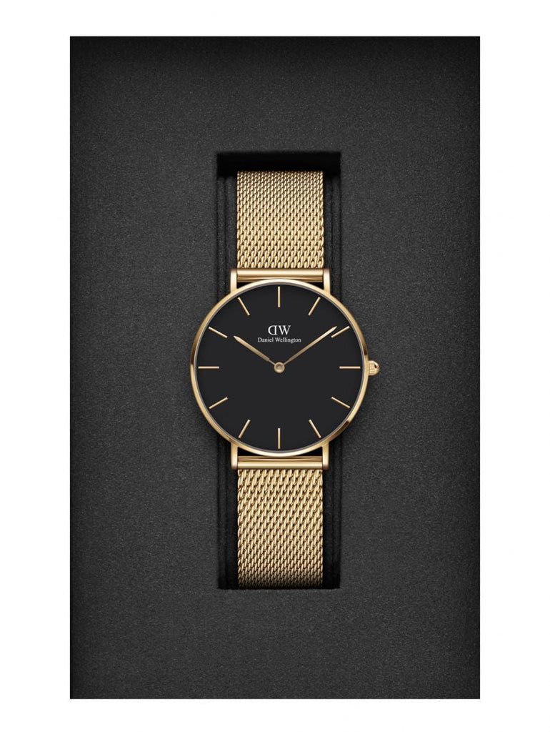 Daniel Wellington Petite Evergold Black Dial Gold Mesh Strap Watch For Women - DW00100345