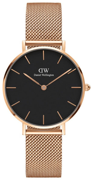 Daniel Wellington Classic Melrose Black Dial Rose Gold Mesh Bracelet Watch For Women - DW00100161