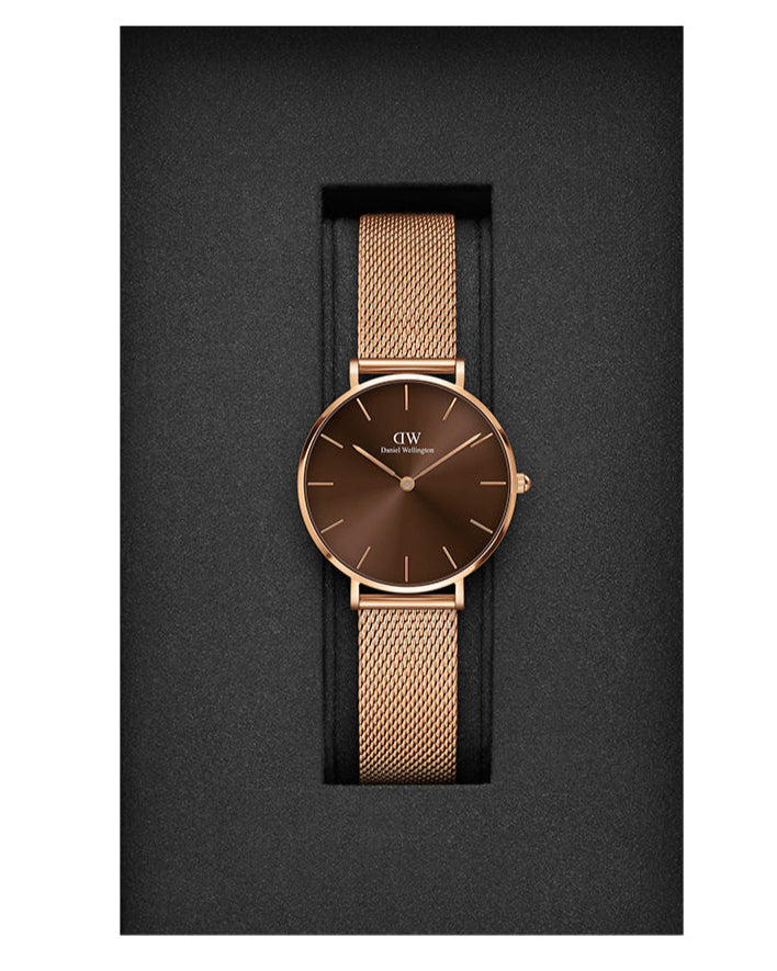 Daniel Wellington Petite Melrose Brown Dial Rose Gold Mesh Strap Watch For Women - DW00100477