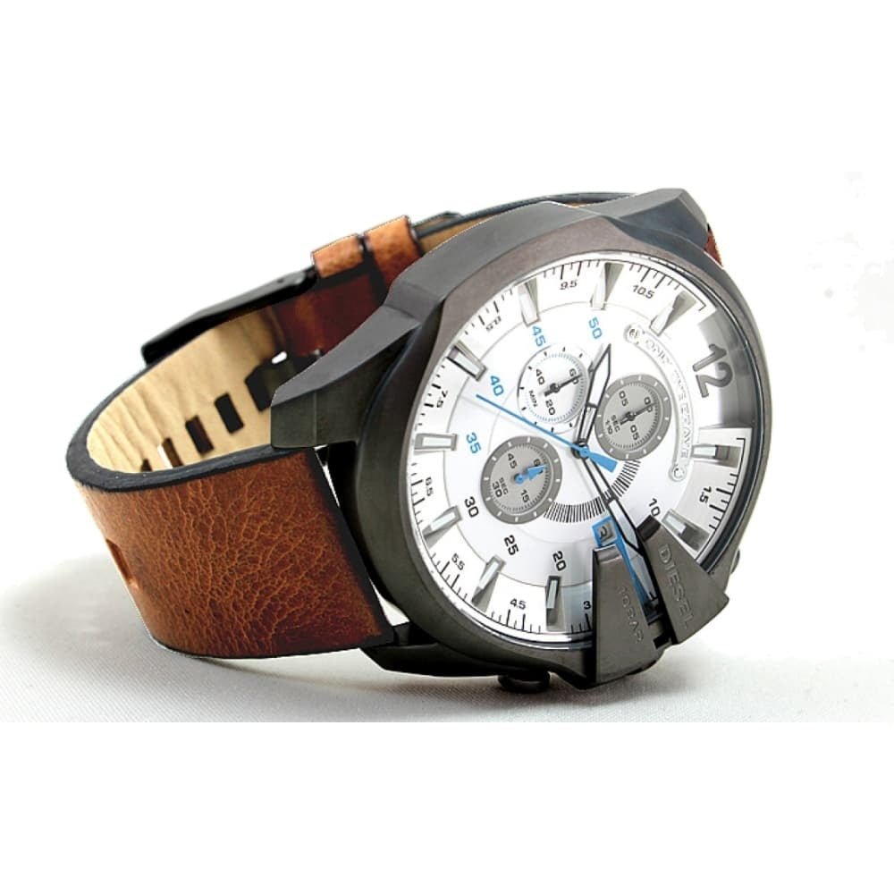 Diesel Mega Chief Chronograph White Dial Brown Leather Strap Watch For Men - DZ4280