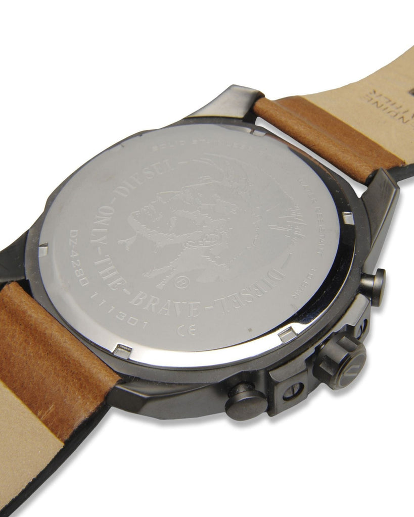 Diesel Mega Chief Chronograph White Dial Brown Leather Strap Watch For Men - DZ4280