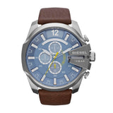Diesel Mega Chief Chronograph Blue Dial Brown Leather Strap Watch For Men - DZ4281