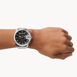 Diesel Mega Chief Chronograph Black Dial Silver Steel Strap Watch For Men - DZ4308