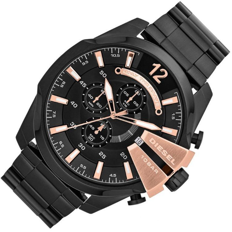 Diesel Mega Chief Chronograph Black Dial Black Steel Strap Watch For Men - DZ4309