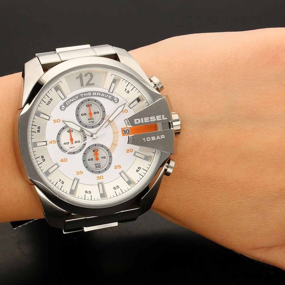 Diesel Mega Chief Chronograph White Dial Silver Steel Strap Watch For Men - DZ4328