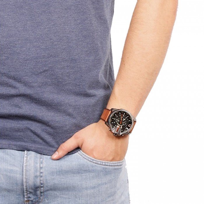 Diesel Mega Chief Chronograph Black Dial Brown Leather Strap Watch For Men - DZ4343