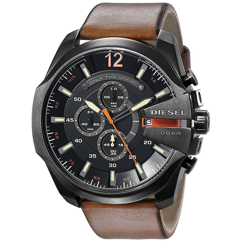 Diesel Mega Chief Chronograph Black Dial Brown Leather Strap Watch For Men - DZ4343