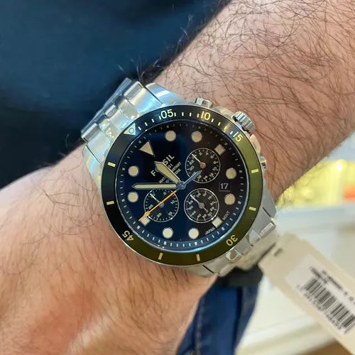 Fossil FS5864 FB-01 Chronograph Men’s Watch – Black Dial with Silver Steel Strap