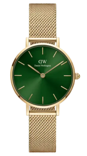 Daniel Wellington Petite Emerald Green Dial Gold Mesh Strap Watch For Women - DW00100479
