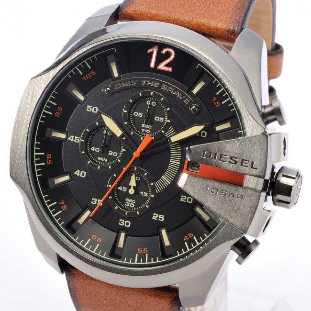 Diesel Mega Chief Chronograph Black Dial Brown Leather Strap Watch For Men - DZ4343