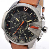 Diesel Mega Chief Chronograph Black Dial Brown Leather Strap Watch For Men - DZ4343