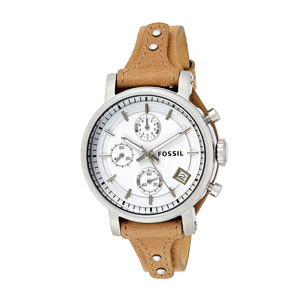 Fossil Boyfriend Chronograph White Dial Brown Leather Strap Watch for Women - ES3625