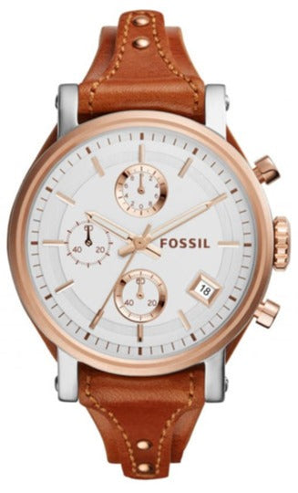 Fossil Boyfriend Chronograph White Dial Brown Leather Strap Watch for Women - ES3837