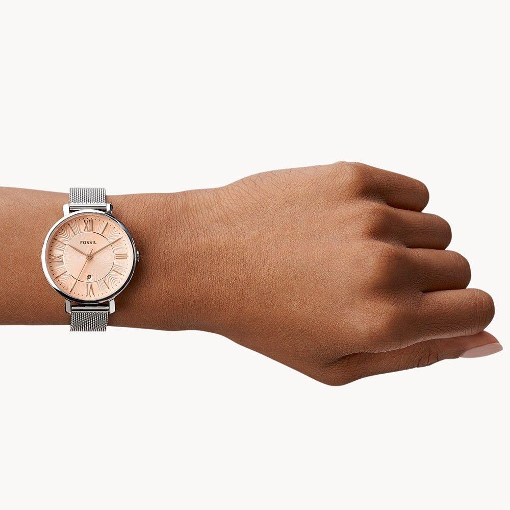 Fossil Jacqueline Three Hand Pink Dial Silver Mesh Strap Watch for Women - ES5089