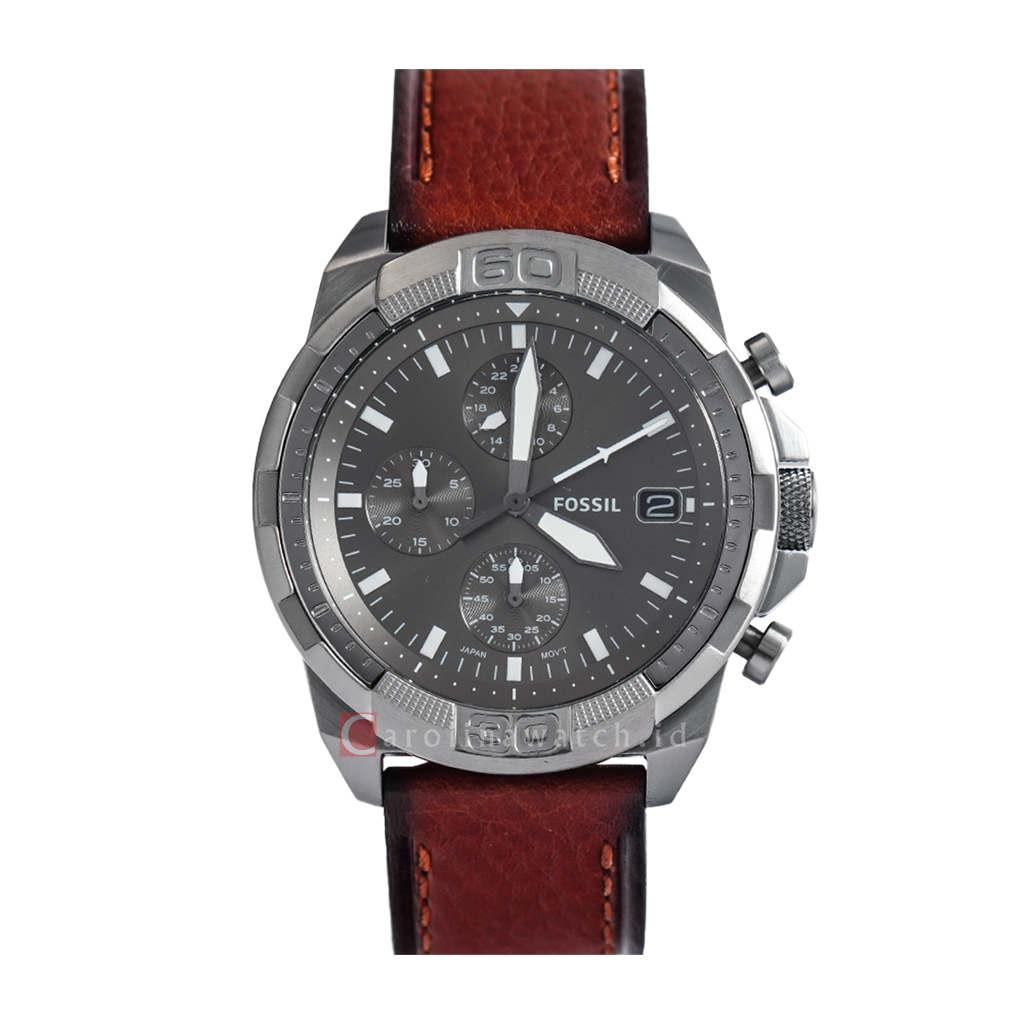 Fossil Bronson Chronograph Grey Dial Brown Leather Strap Watch for Men - FS5855