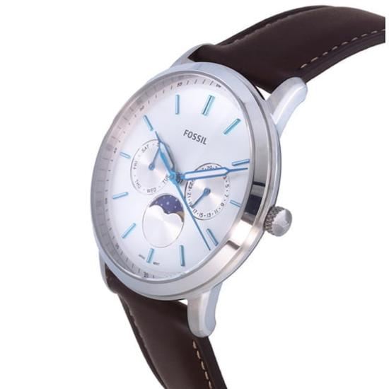 Fossil Neutra Minimalist Moonphase Silver Dial Brown Leather Strap Watch for Men - FS5905