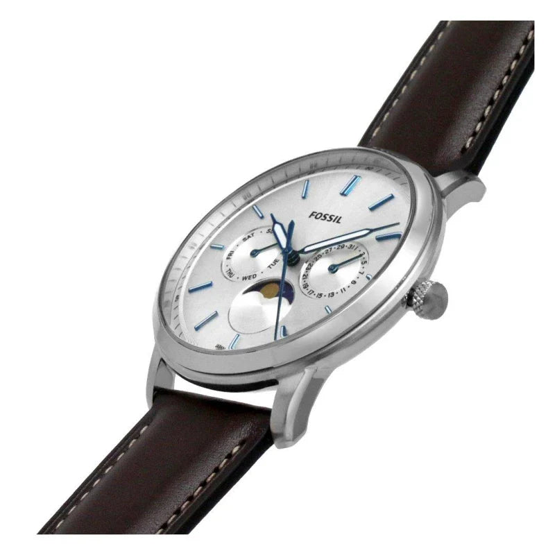 Fossil Neutra Minimalist Moonphase Silver Dial Brown Leather Strap Watch for Men - FS5905