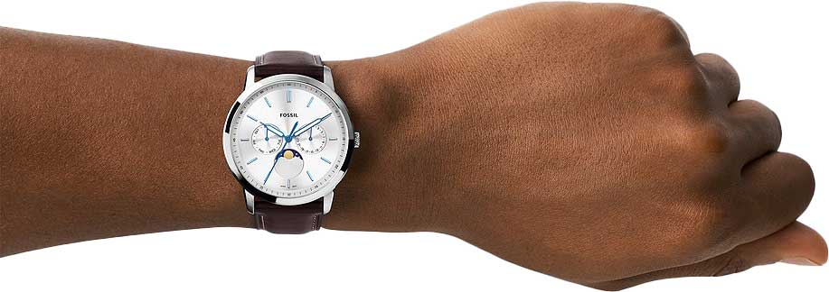 Fossil FS5905 Neutra Minimalist Moonphase Men’s Watch – Silver Dial with Brown Leather Strap