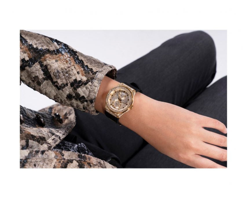 Guess GW0439L2 Princess Crystals Women’s Watch – Gold Dial & Black Silicone Strap