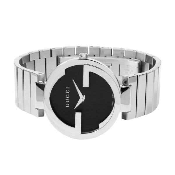 Gucci G Interlocking Black Dial Silver Steel Strap Watch For Women - YA133307