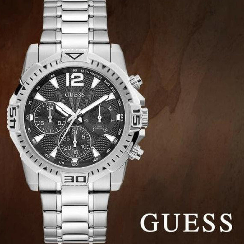 Guess Commander Chronograph Black Dial Silver Steel Strap Watch for Men - GW0056G1