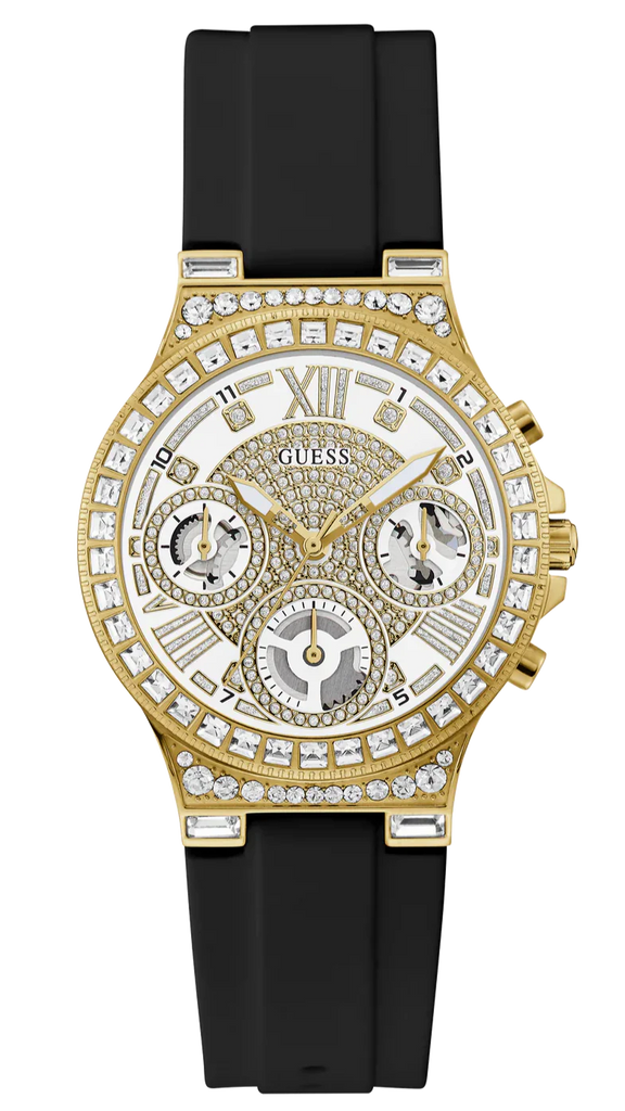 Guess Moonlight Crystals Silver Dial Black Silicone Strap Watch For Women - GW0257L1