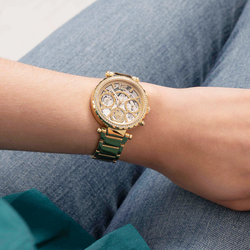 Guess Solstice Diamonds Gold Dial Gold Steel Strap Watch for Women - GW0403L2