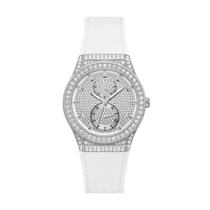 Guess Princess Crystals Silver Dial White Silicone Strap Watch For Women - GW0439L1