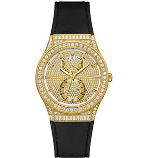 Guess Princess Crystals Gold Dial Black Silicone Strap Watch For Women - GW0439L2