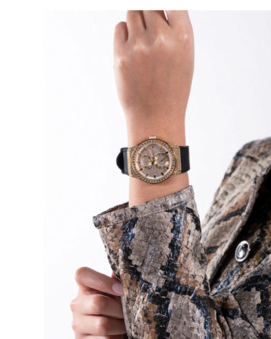 Guess GW0439L2 Princess Crystals Women’s Watch – Gold Dial & Black Silicone Strap