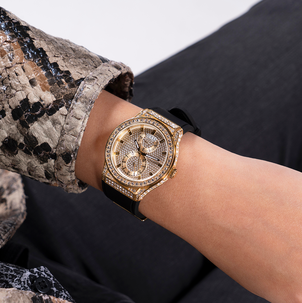 Guess GW0439L2 Princess Crystals Women’s Watch – Gold Dial & Black Silicone Strap