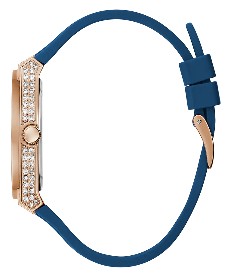 Guess Multifunction Crystals Rose Gold Dial Blue Rubber Strap Watch For Women - GW0439L4