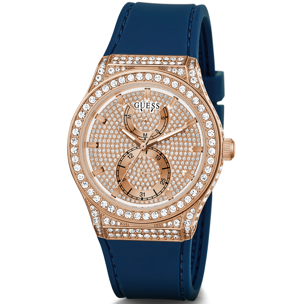 Guess Multifunction Crystals Rose Gold Dial Blue Rubber Strap Watch For Women - GW0439L4
