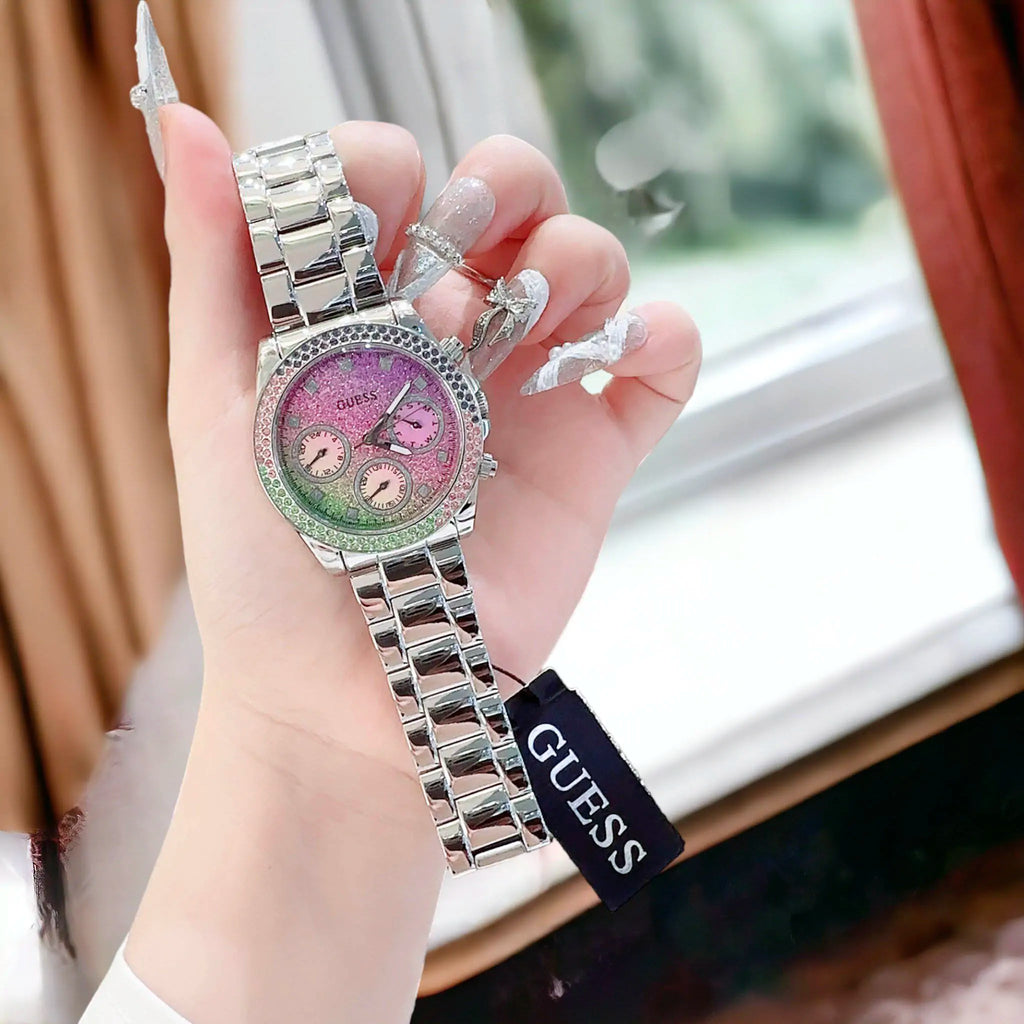 Guess GW0483L1 Sol Chronograph Women's Watch – Multicolor Crystal Dial & Silver Steel Bracelet