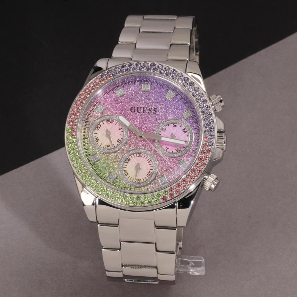 Guess GW0483L1 Sol Chronograph Women's Watch – Multicolor Crystal Dial & Silver Steel Bracelet