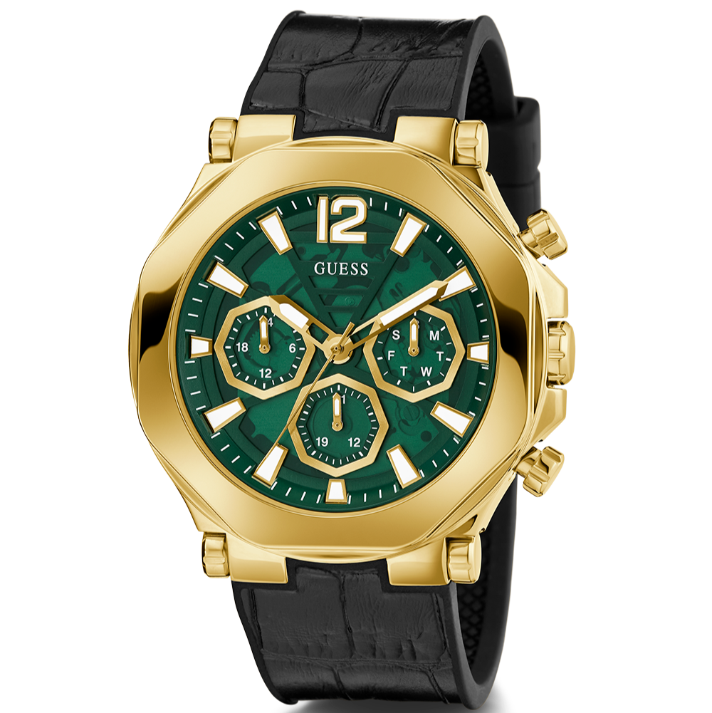 Guess Edge Chronograph Green Dial Black Leather Strap Watch For Men - GW0492G3