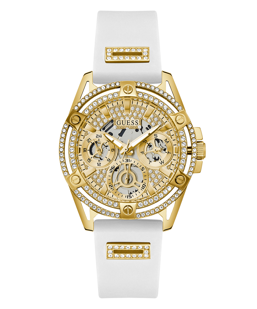 Guess Queen Quartz Gold Dial White Silicone Strap Watch For Women - GW0536L2